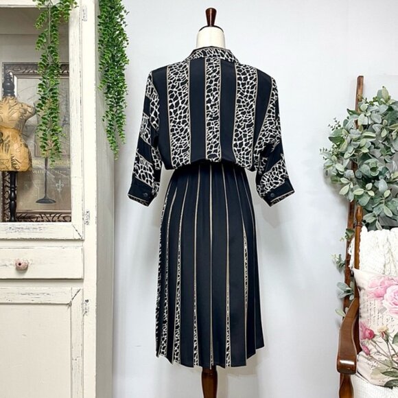 Vintage 80s Belted Midi Dress Size S Black Striped Animal Print Peekaboo Pleat - Picture 6 of 9